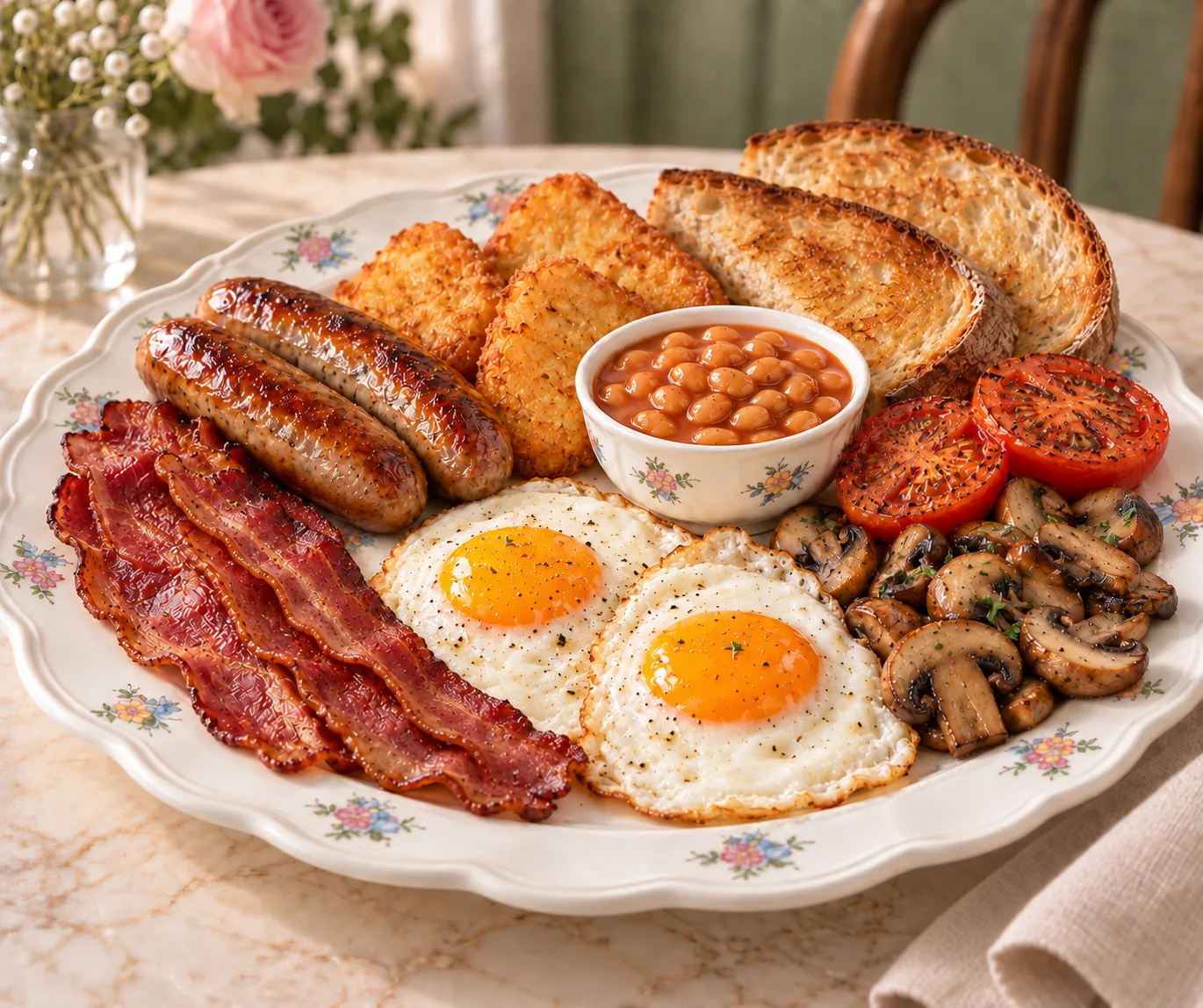 Generous English Breakfast with both fried eggs visible, beef bacon, sausages, hash browns, beans, mushrooms, tomato and sourdough