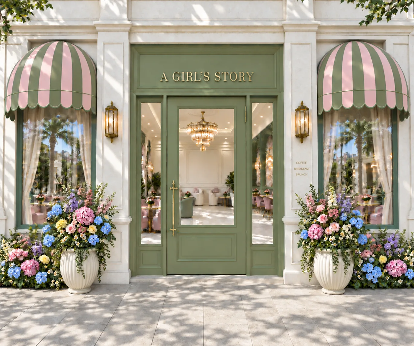 A Girl’s Story entrance with sage-green door and awnings, pink details and flowers