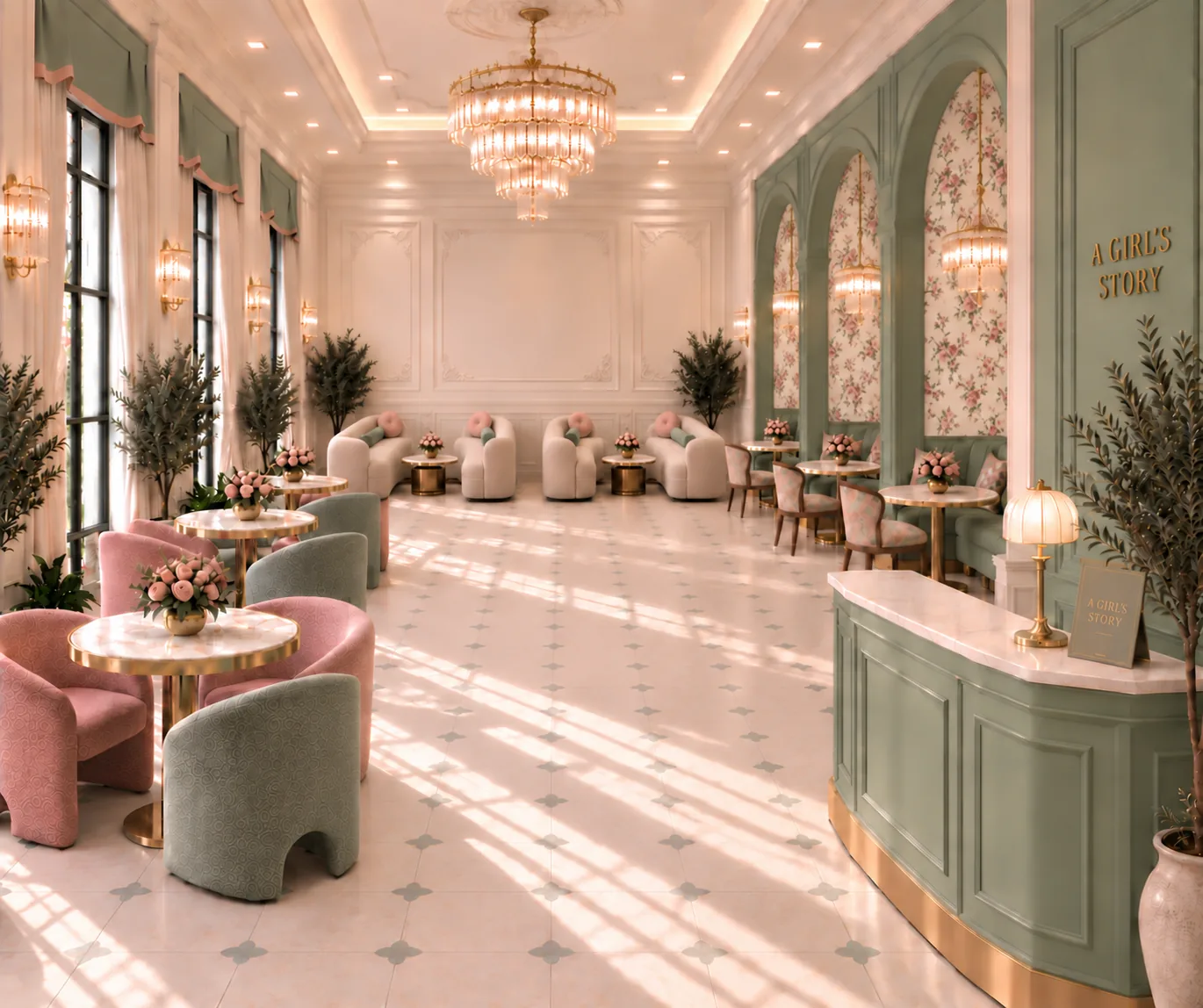 Sunlit A Girl’s Story café with sage panelling, floral wallpaper and pink seating