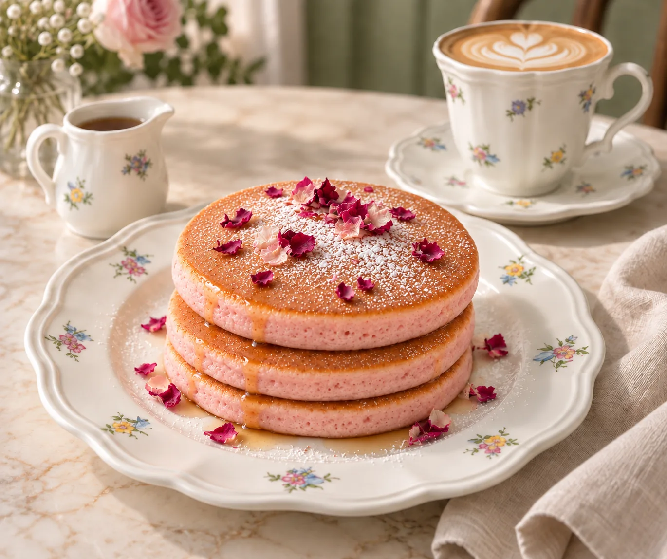 Three rose-petal pancakes on the café’s scalloped floral plate