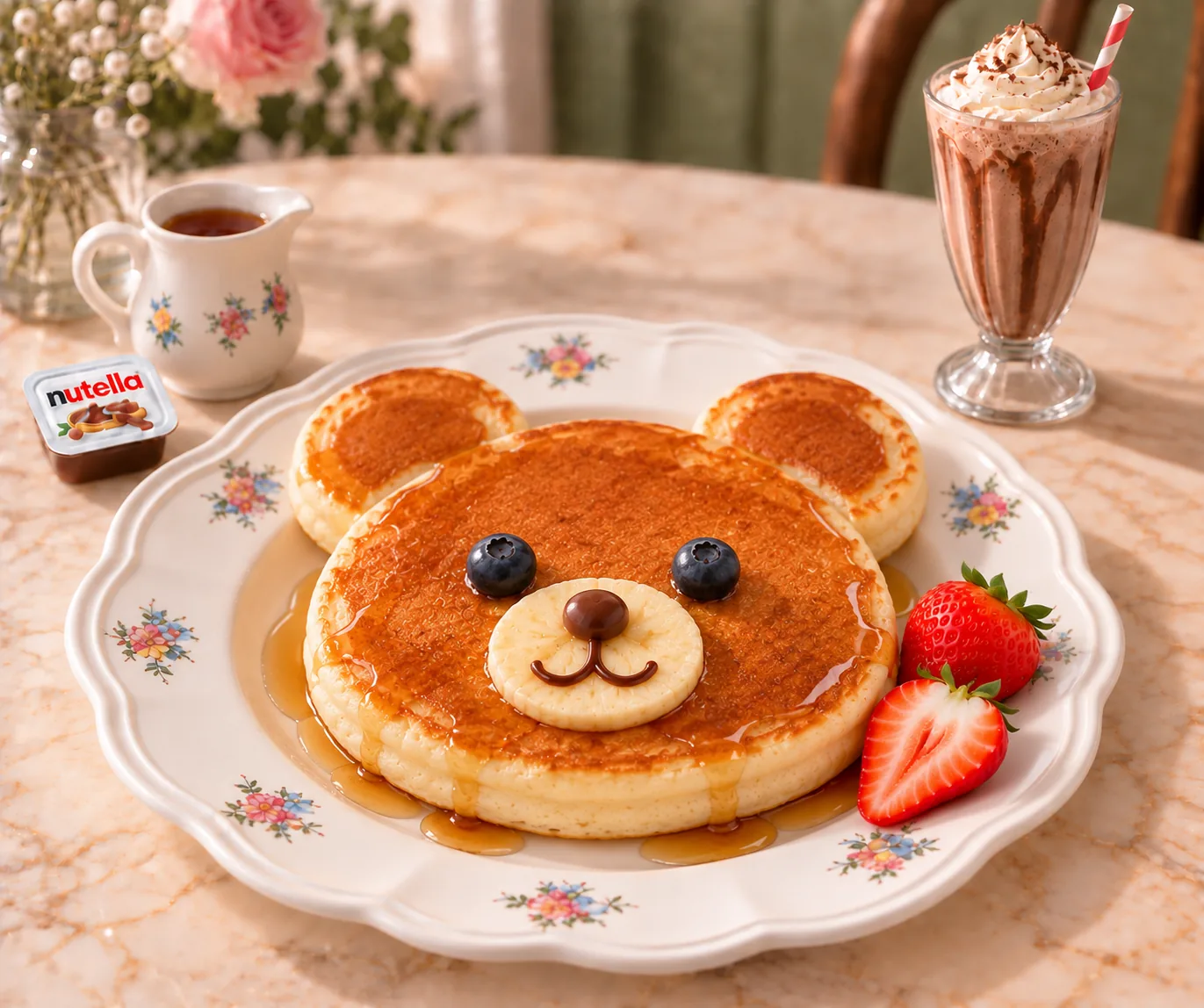A thick teddy-bear-head pancake with fruit eyes, banana muzzle and fresh strawberry, chocolate milkshake, maple syrup and a mini Nutella portion