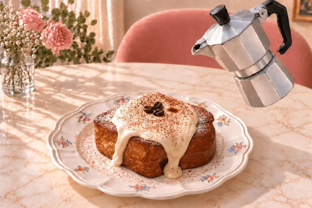 Coffee pouring from a moka pot over tiramisu French toast with mascarpone on our floral plate